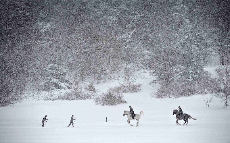 Horsemen gallop and skiers ski through the snow falling over the Gardet Heath in Stockholm