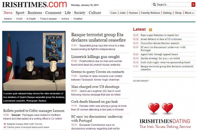 El anuncio de ETA también ocupa la portada del diario digital "The Irish Time".