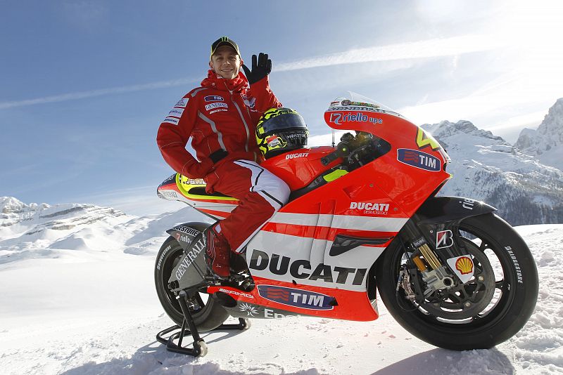 Ducati Moto GP rider Rossi poses during an official presentation of his new bike Ducati GP2011 during the "Wrooom, F1 and MotoGP Press Ski Meeting" in Madonna di Campiglio