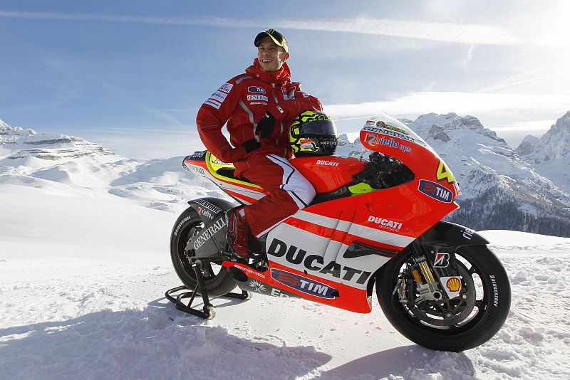 Ducati Moto GP rider Rossi poses during an official presentation of his new bike Ducati GP2011 during the "Wrooom, F1 and MotoGP Press Ski Meeting" in Madonna di Campiglio