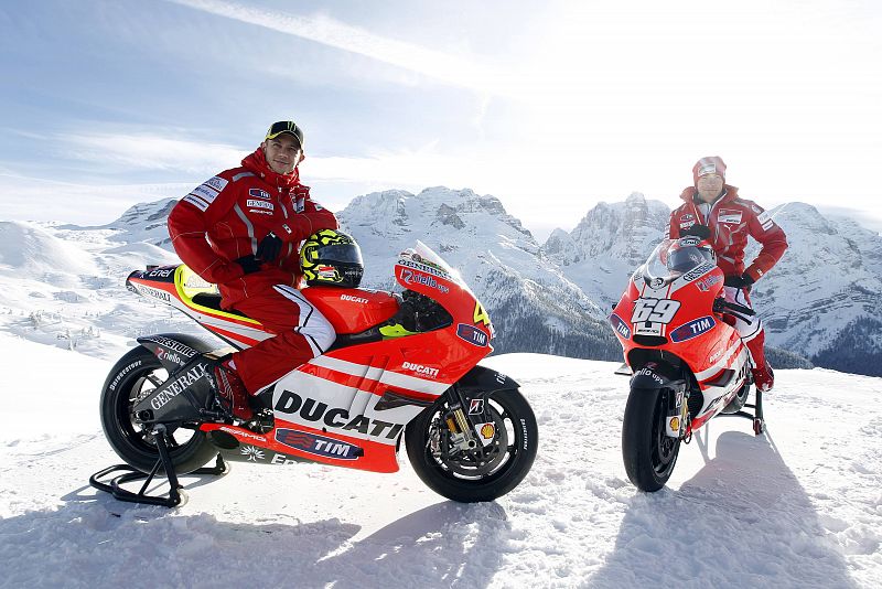 Ducati Moto GP rider Rossi poses with his teammate Hayden during official presentation of their new Ducati GP2011 motorcycles in Madonna di Campiglio