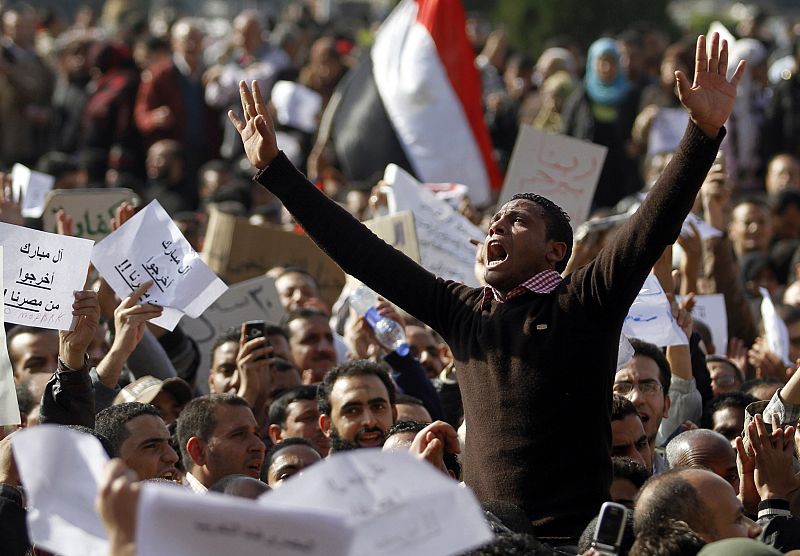 A protester shouts during a demonstration in Cairo