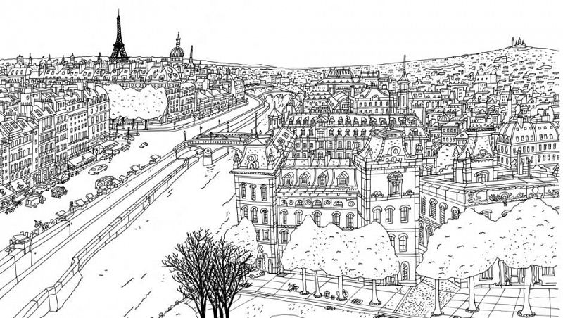 Boceto de la vista panorámica de París con el Sena en primer plano