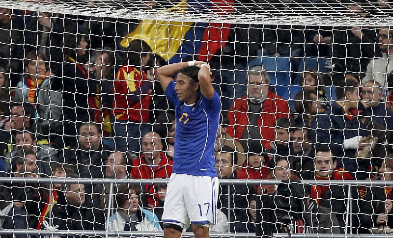 Colombia's Dayro Moreno reacts after missing a chance to score against Spain during their international friendly soccer match in Madrid