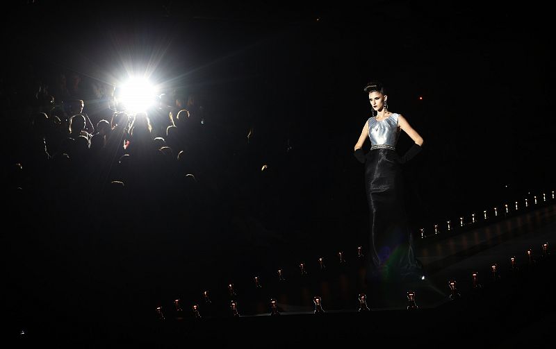 A model presents a creation by designer Hannibal Laguna during the Cibeles Madrid Fashion Week Fall/Winter 2011 show