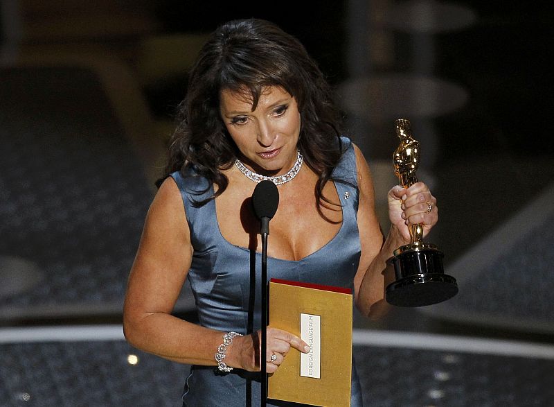 Director Susanne Bier accepts the Oscar for best foreign film for the Danish film "In A Better World" during the 83rd Academy Awards in Hollywood