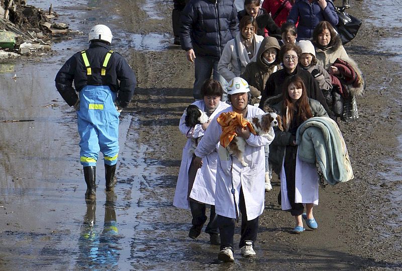 People walk to evacuation centre in Natori City in Miyagi Prefecture in northeastern Japan