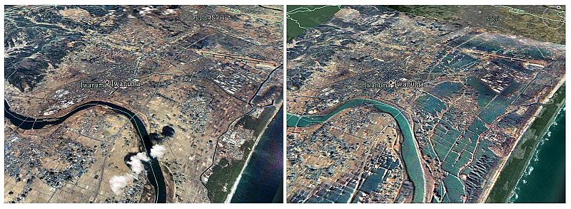 A combination picture of satellite images taken by Taiwan's National Space Organisation (NSPO) shows Japan's Sendai area before and after the earthquake