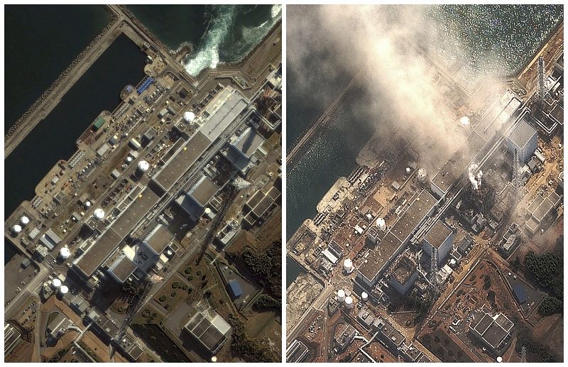 Imagen de satélite de la central de Fukushima antes y después del terremoto del 11 de marzo.