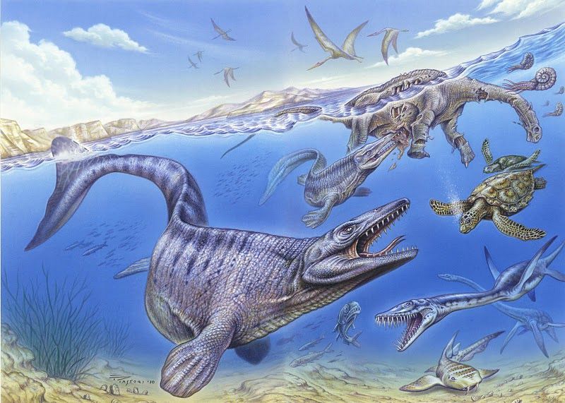 Una recreación del festín que se pudieron dar los animales marinos con el cadáver del dinosaurio