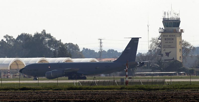 A U.S. Airforce KC135 air refuelling tanker sits on the runway in Moron de la Frontera military airbase near Seville