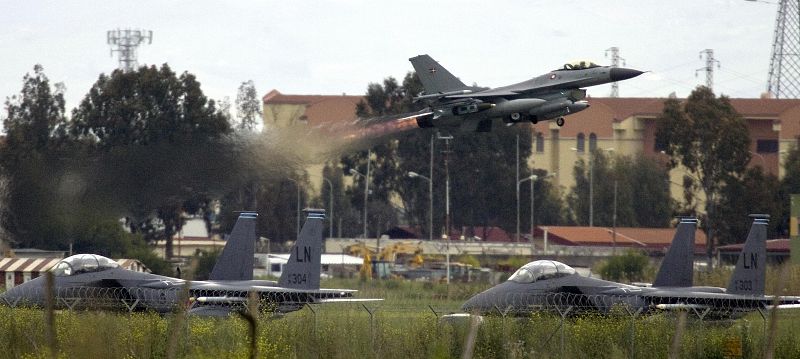 A Danish F-16 Fighting Falcon takes off from Sigonella NATO Airbase in the southern Italian island of Sicily