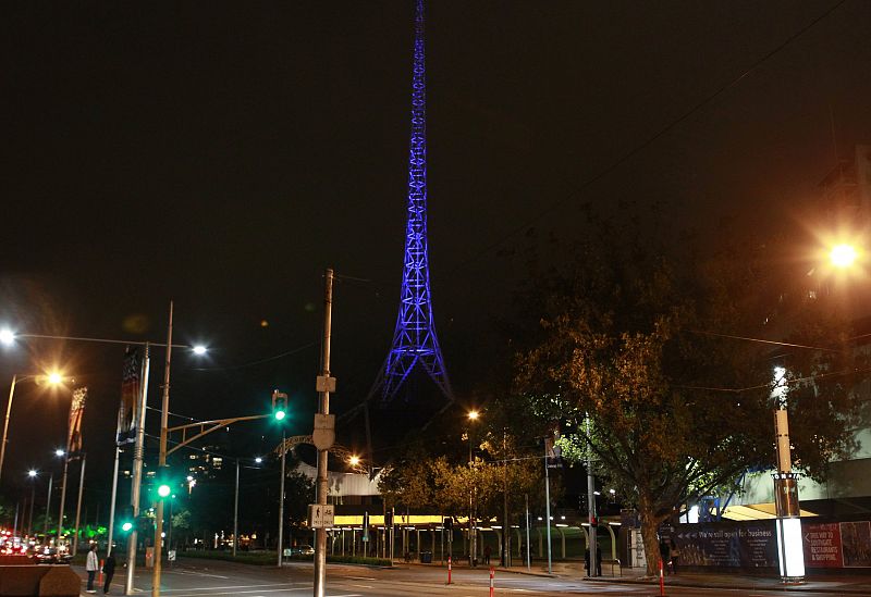 A view of the Melbourne Arts Centre after the lights were turned off for Earth Hour in Melbourne