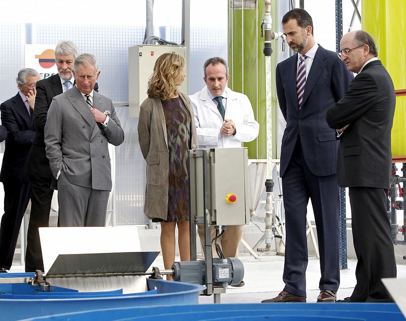 Los príncipes de Gales y Asturias; la ministra de Ciencia, Cristina Garmendia, y el presidente de Repsol-YPF, Antonio Brufau (dcha), durante la visita