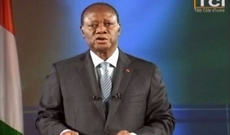 Ivory Coast's Alassane Ouattara speaks during a television broastcast in this still image taken from video