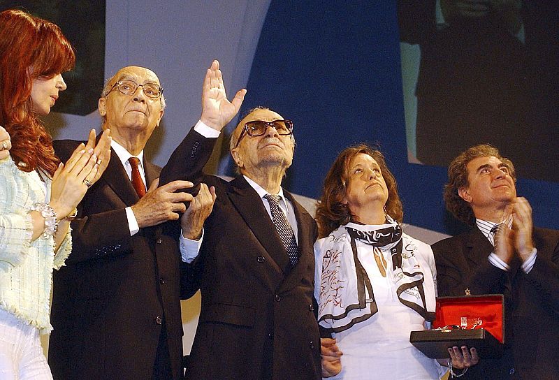 File photo of Argentine writer Sabato with Portuguese Nobel Literature Prize winner Saramago, then Argentine first lady and now President Fernandez de Kirchner in Rosario