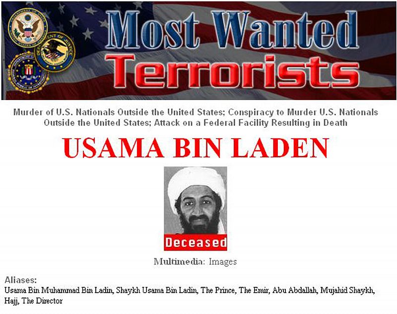 Captura de pantalla de la página web del FBI que informa de la muerte de Osama bin Laden.