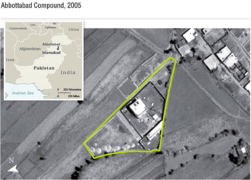 Vista aérea que muestra rodeado en verde, el lugar en el el ejército de EE.UU. ha matado a Osama Bin Laden