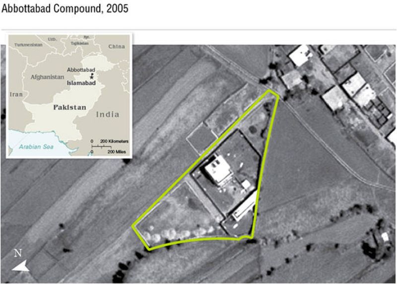 Vista aérea que muestra rodeado en verde, el lugar en el el ejército de EE.UU. ha matado a Osama Bin Laden 