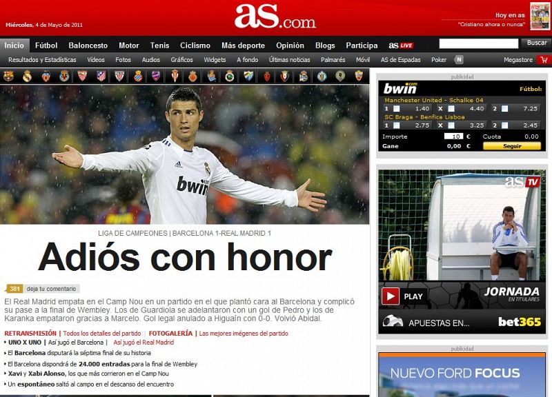 "Adiós con honor", titula el diario 'As', que solo menciona la cuestión arbitral en la entradilla