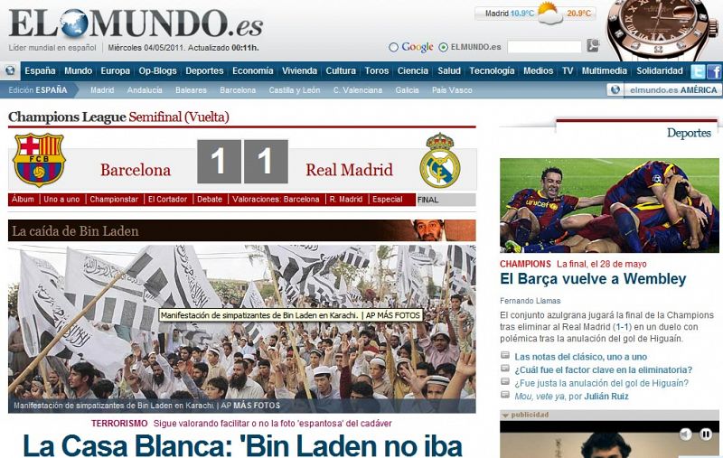 "El Barça vuelve a Wembley" títula 'El Mundo' en su segundo tema de portada. Destaca que una de las opiniones relacionadas diga "Mou, vete ya"