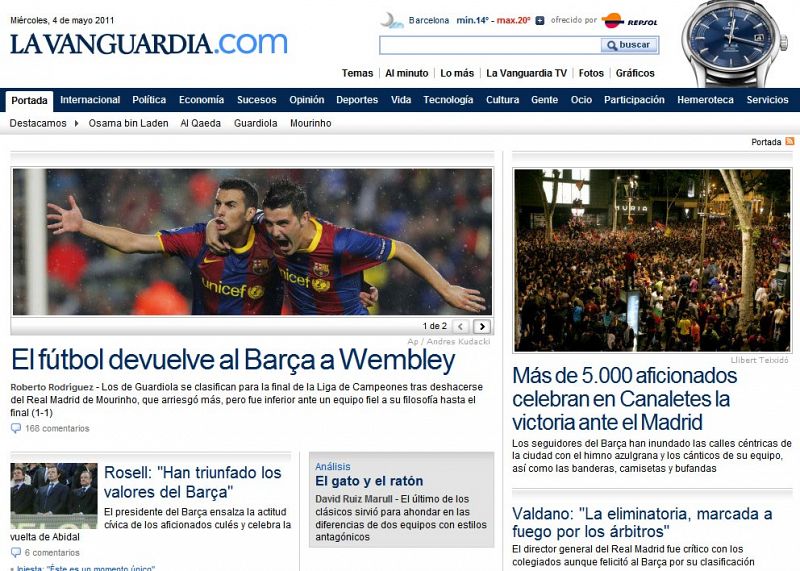 El diario 'La Vanguardia' recurre también a la imagen de Pedro y Villa abrazados, así como a la mención a Wembley, ya un santuario culé