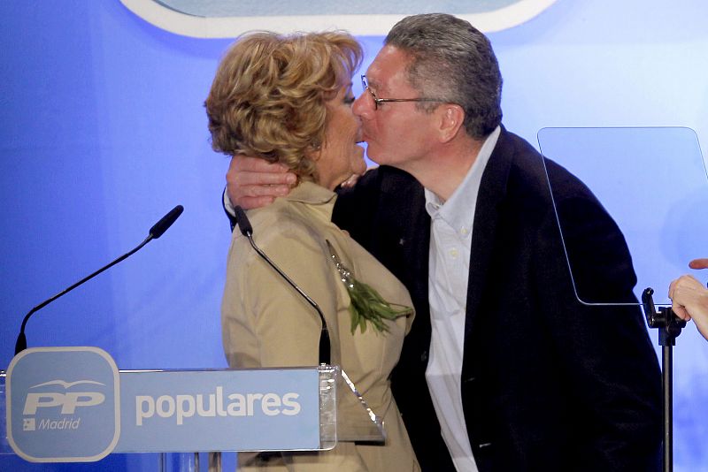 Esperanza Aguirre y Alberto Ruiz Gallardón, durante el acto que da comienzo a la campaña electoral en Madrid.