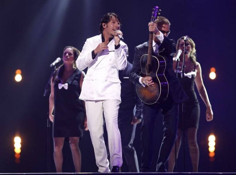 '3JS' of the Netherlands performs 'Never Alone' during a rehearsal for the finals of the Eurovision Song Contest in Dusseldorf