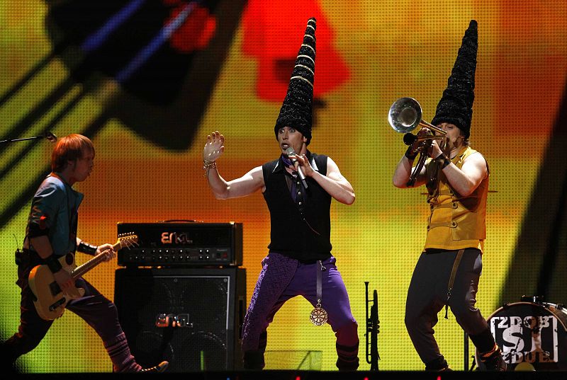 Zdob si Zdub' of Moldova perform their song 'So Lucky' during a rehearsal for the finals of the Eurovision Song Contest in Dusseldorf