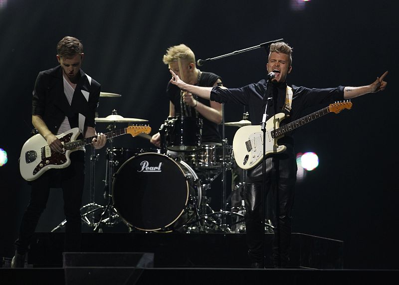 A Friend in London (AFIL) of Denmark performs their song "New Tomorrow" during a rehearsal for the finals of the Eurovision Song Contest in Dusseldorf