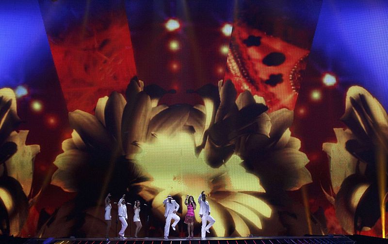 Lucia Perez of Spain performs her song 'Que Me Quiten Lo Bailo' during a rehearsal for the Eurovision Song Contest in Duesseldorf