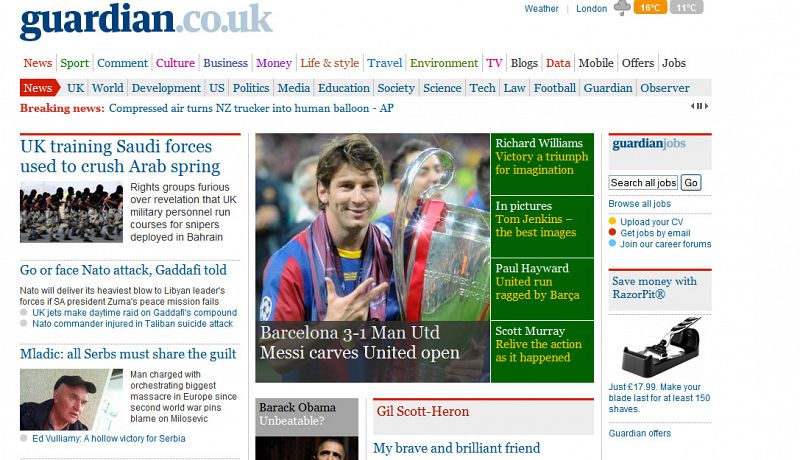 El periódico británico The Guardian dedica su portada a Messi.