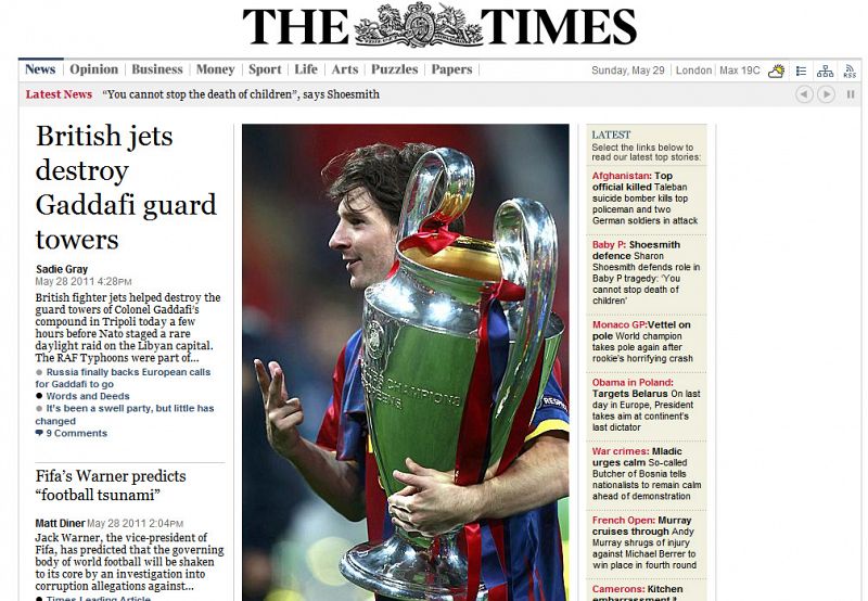 El diario británico The Times ocupa gran parte de su portada con una foto de Messi, con la orejuda.