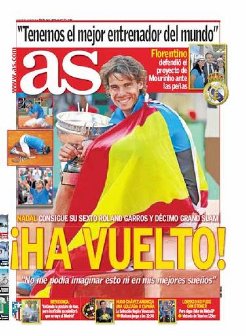  "¡Ha vuelto!", titula en su primera página el diario deportivo As.