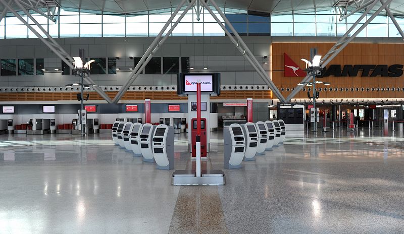 Vista del pasillo de la aerolínea Qantas en la terminal doméstico del aeropuerto de Sydney