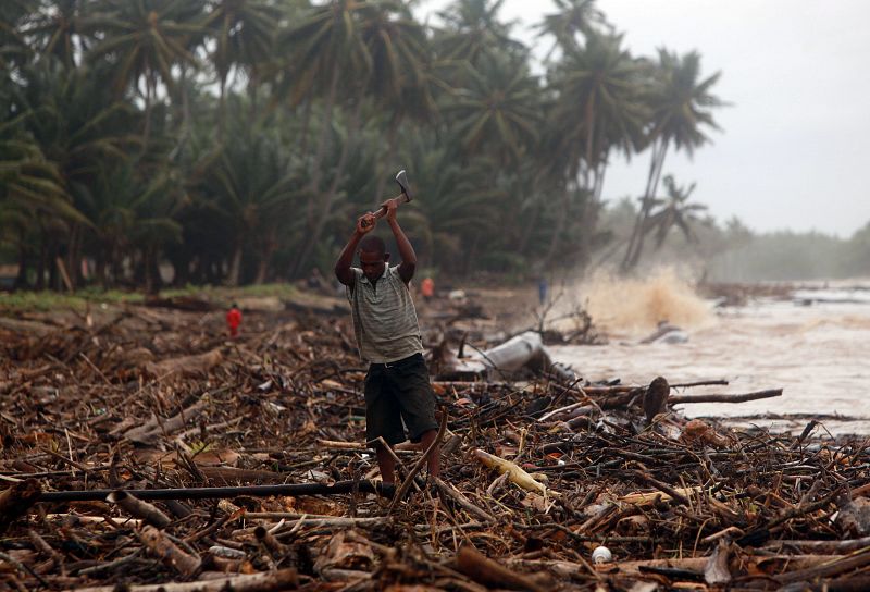 Un hombre corta un tronco de palmera en la playa de Boba, en Nagua (República Dominicana), tras pasar el huracán "Irene"