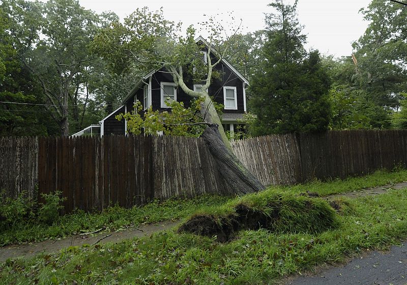 Un árbol  caído sobre una casa por efecto del huracan en Long Island , Nueva York