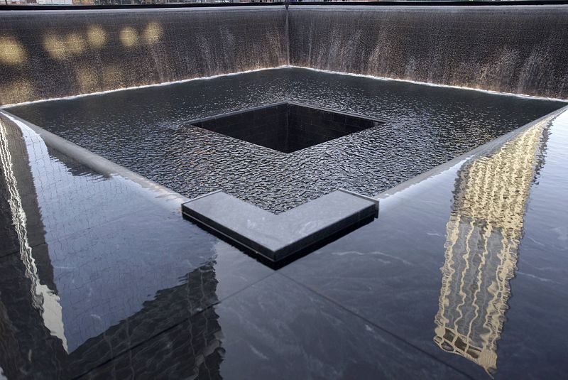 A memorial pool is seen at the National September 11 Memorial during tenth anniversary ceremonies at the World Trade Center site in New York