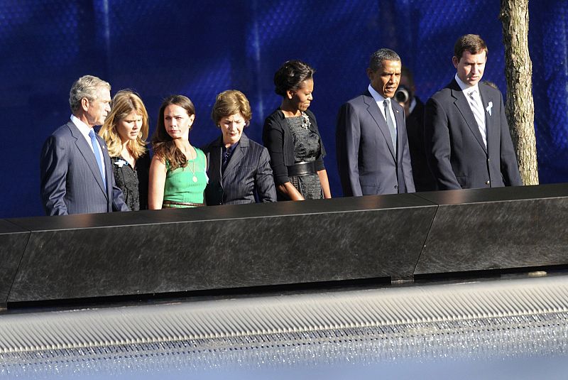 U.S. President Barack Obama, first lady Michelle Obama, former president George W. Bush and Mrs. Laura Bush and their children are pictured at the North pool of the National September 11 Memorial during tenth anniversary ceremonies at the World Trade