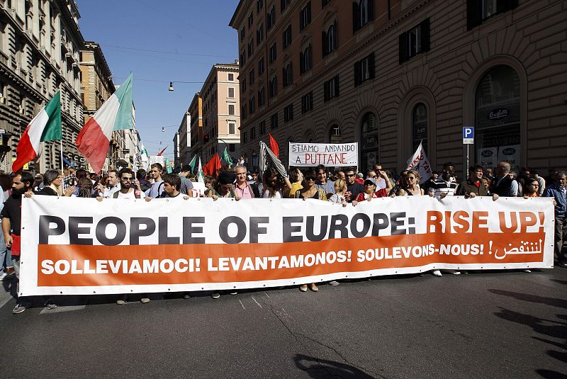 Protesters of the 'Indignant' group demonstrate against banking and finance in Rome