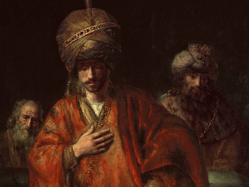 Hamán reconoce su suerte' .Rembrandt Harmensz. van Rijn.Óleo sobre lienzo, 128 x 116,5 cm (1660 - 1665) San Petersburgo, State Hermitage Museum