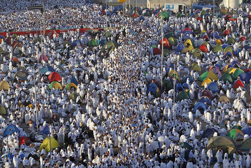 Muslim pilgrims pray on the plains of Arafat during the annual haj pilgrimage, outside the holy city of Mecca