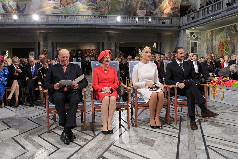 Norway's King Harald, Queen Sonja, Crown Princess Mette-Marit and Crown Prince Haakon (L-R) attend the Nobel Peace Prize award ceremony in Oslo