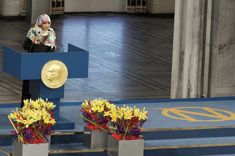 Nobel Peace Prize winner Yemeni human rights activist Karman delivers her speech during the award ceremony in Oslo