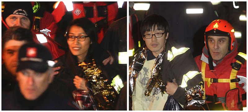Combination photo shows a South Korean couple after they were rescued from the Costa Concordia cruise, which ran aground off the west coast of Italy, at Giglio island