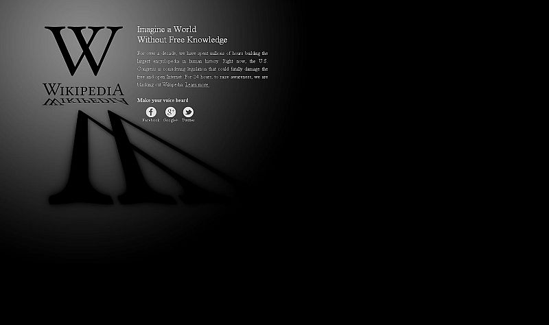 La versión en inglés de Wikipedia cierra durante 24 horas como protesta contra la ley antipiratería de EE.UU. Piden a los usuarios que "imaginen un mundo sin conocimiento libre".