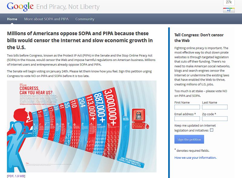 Google también se ha posicionado contra la Ley SOPA y, aunque no ha se ha unido al 'apagón', enlazan a una web en la que los ciudadanos exigan a sus políticos que rechacen la normativa.