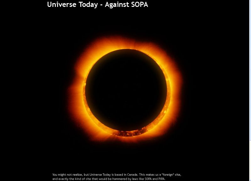 La web Universe Today, especializada en contenido astronómico, abre su página principal con la imagen de un eclipse en señal de protesta contra la ley SOPA