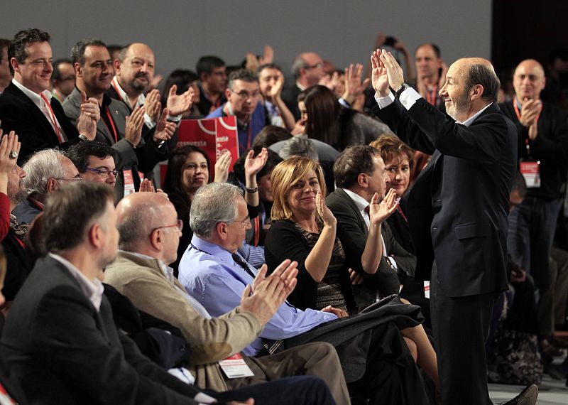 PSOE former prime ministerial candidate Perez Rubalcaba greets the crowd during the national congress in Seville