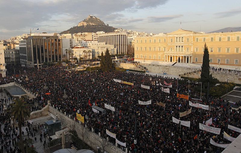 Thousands of people take part in an anti-austerity demonstration in Athens' Syntagma square